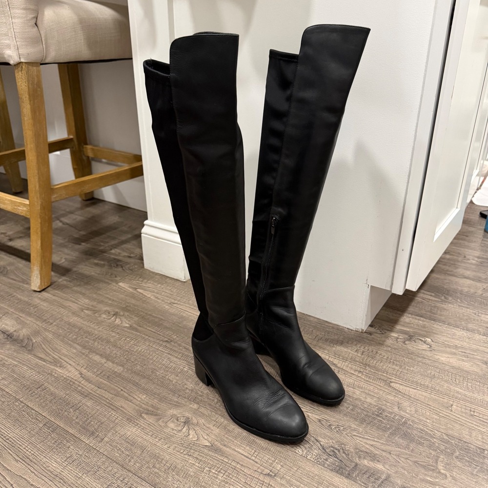 Via Spiga Womens Black Leather Over The Knee Block Heel Boots Almond Toe Zip